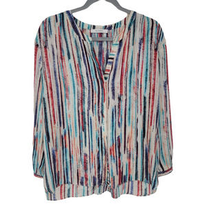 Sioni Women's Multi Stripe Blouse Long Sleeve Notch Neck Hi Low Hem Size XL